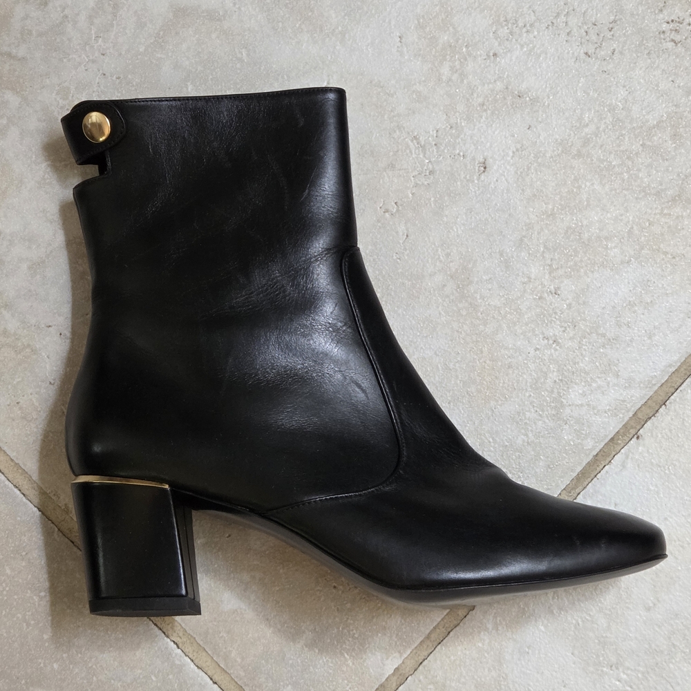 Delman Black Leather Ankle Booties with Gold Accent